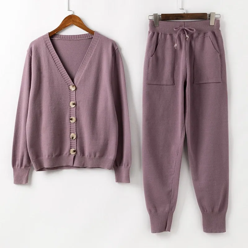 Women Knitted Tracksuit Turtleneck Sweater Casual Suit 2 Pcs Set Pant Suit