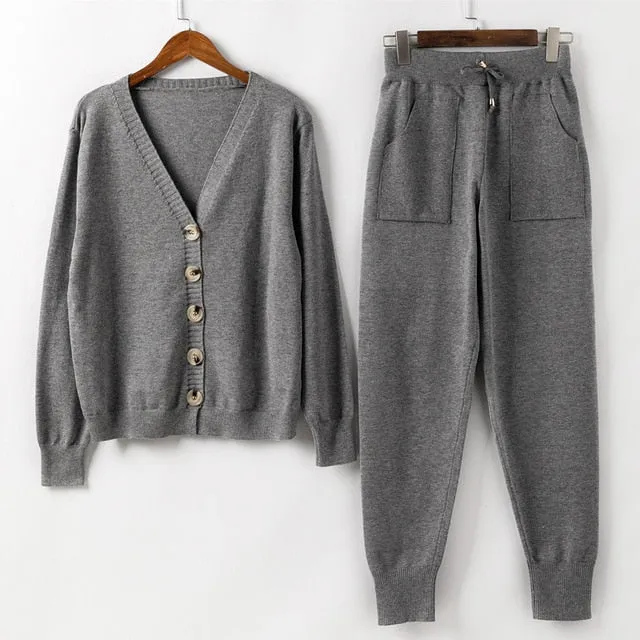 Women Knitted Tracksuit Turtleneck Sweater Casual Suit 2 Pcs Set Pant Suit