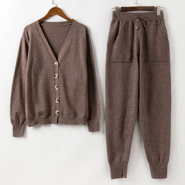 Women Knitted Tracksuit Turtleneck Sweater Casual Suit 2 Pcs Set Pant Suit