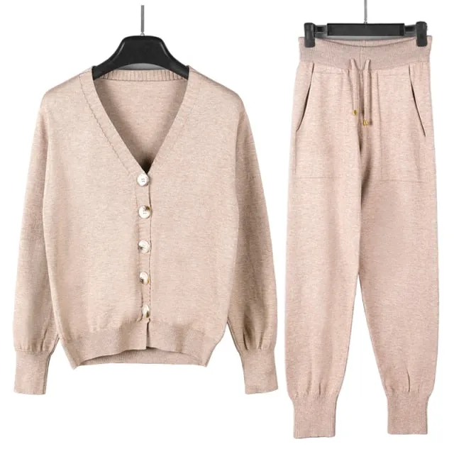 Women Knitted Tracksuit Turtleneck Sweater Casual Suit 2 Pcs Set Pant Suit