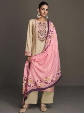 Women's Beige Pashmina Winter Unstitched Suits Dress Material