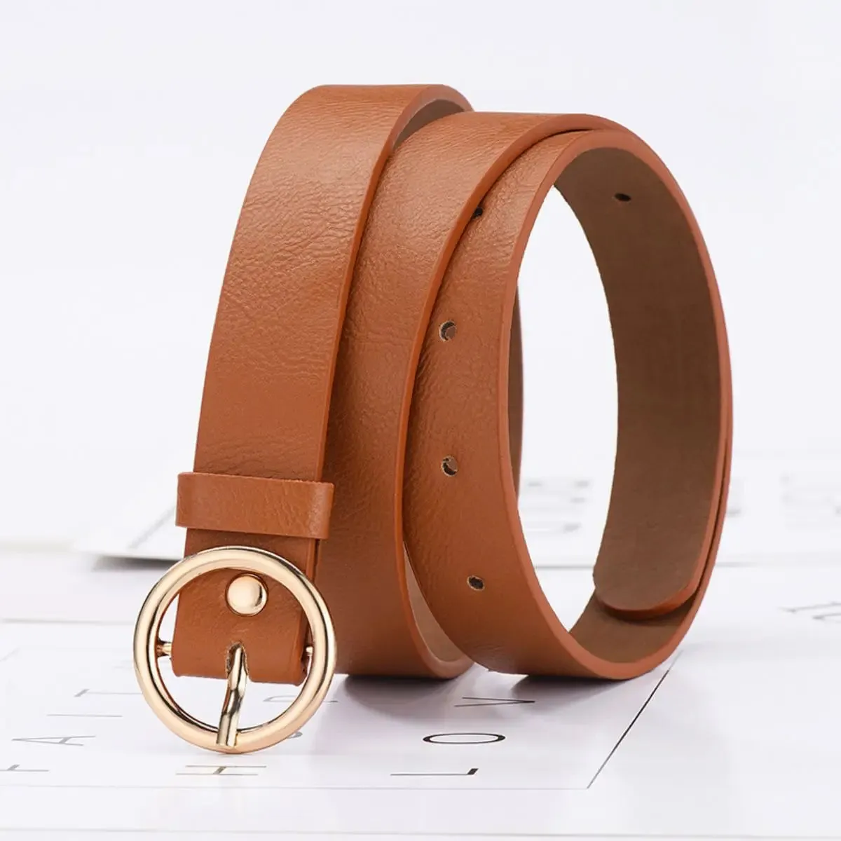 Women'S Belt Fashionable Round Buckle Belt With Jeans Cargo Pants Skirt Thin Belt Soft Pu Belt Cheap Belt New