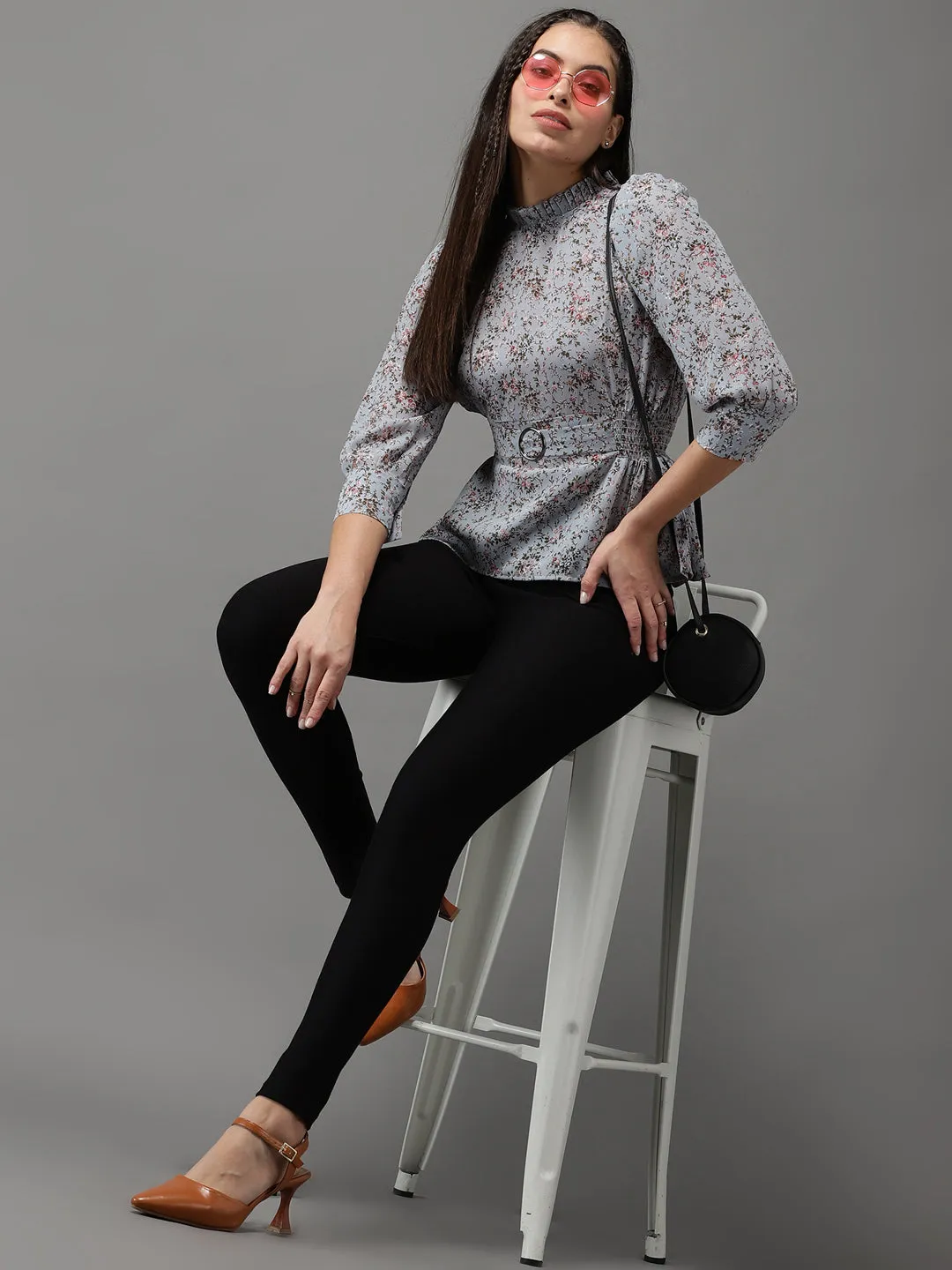 Women's Grey Printed Peplum Top