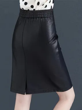 Women's High Waist PU Leather Skirt, Casual Style Knee-Length with Slight Stretch, Solid Color, Regular Fit, Non-Textile Coating, Fake Pockets Detail, Slit, Suitable for Spring/Summer/Fall