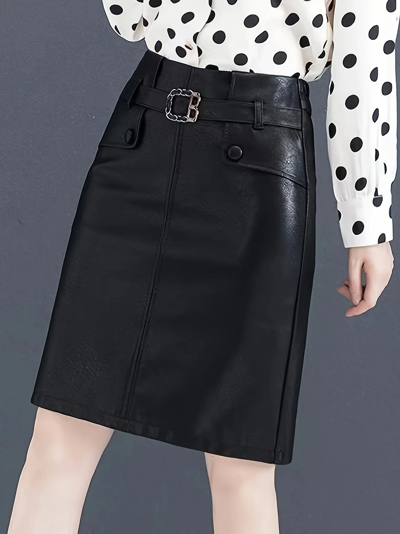 Women's High Waist PU Leather Skirt, Casual Style Knee-Length with Slight Stretch, Solid Color, Regular Fit, Non-Textile Coating, Fake Pockets Detail, Slit, Suitable for Spring/Summer/Fall