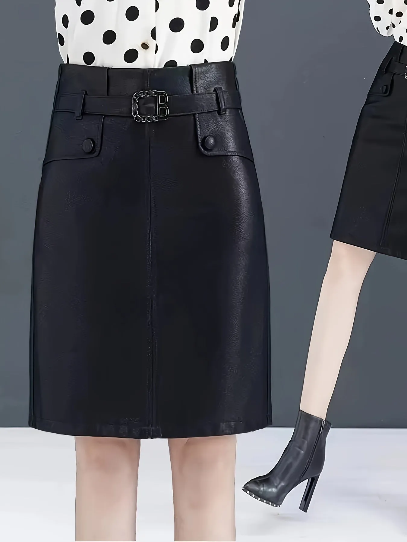 Women's High Waist PU Leather Skirt, Casual Style Knee-Length with Slight Stretch, Solid Color, Regular Fit, Non-Textile Coating, Fake Pockets Detail, Slit, Suitable for Spring/Summer/Fall