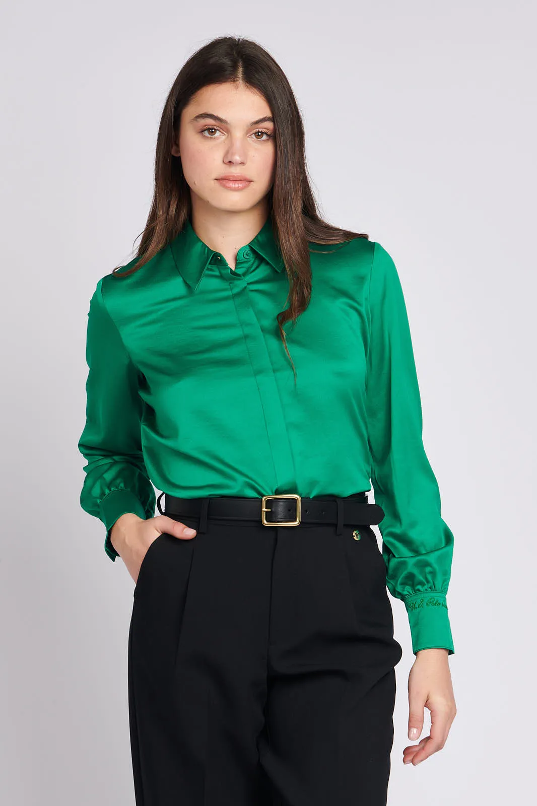 Womens Long Sleeve Satin Shirt in Ultramarine Green