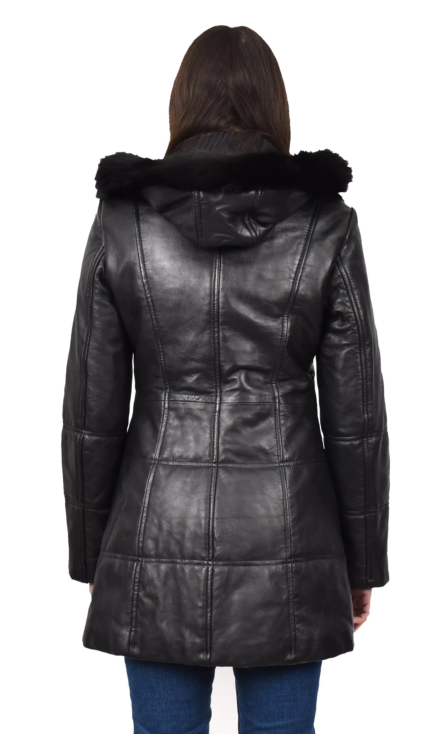 Women’s Real Leather 3/4 Length Puffer Coat Black Zeniva