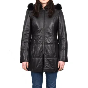 Women’s Real Leather 3/4 Length Puffer Coat Black Zeniva