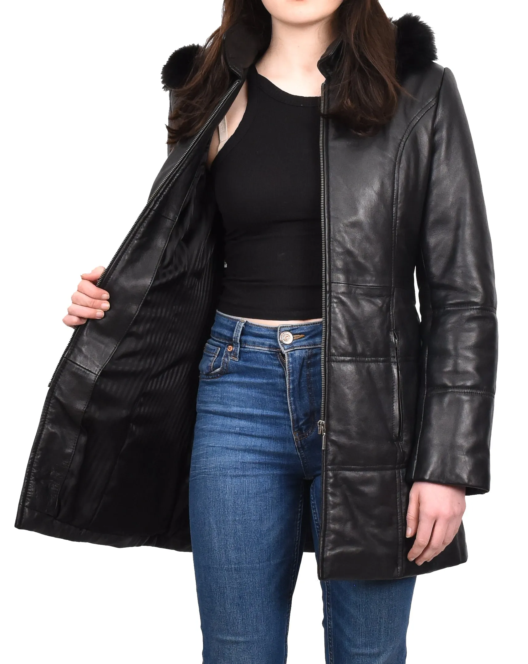 Women’s Real Leather 3/4 Length Puffer Coat Black Zeniva