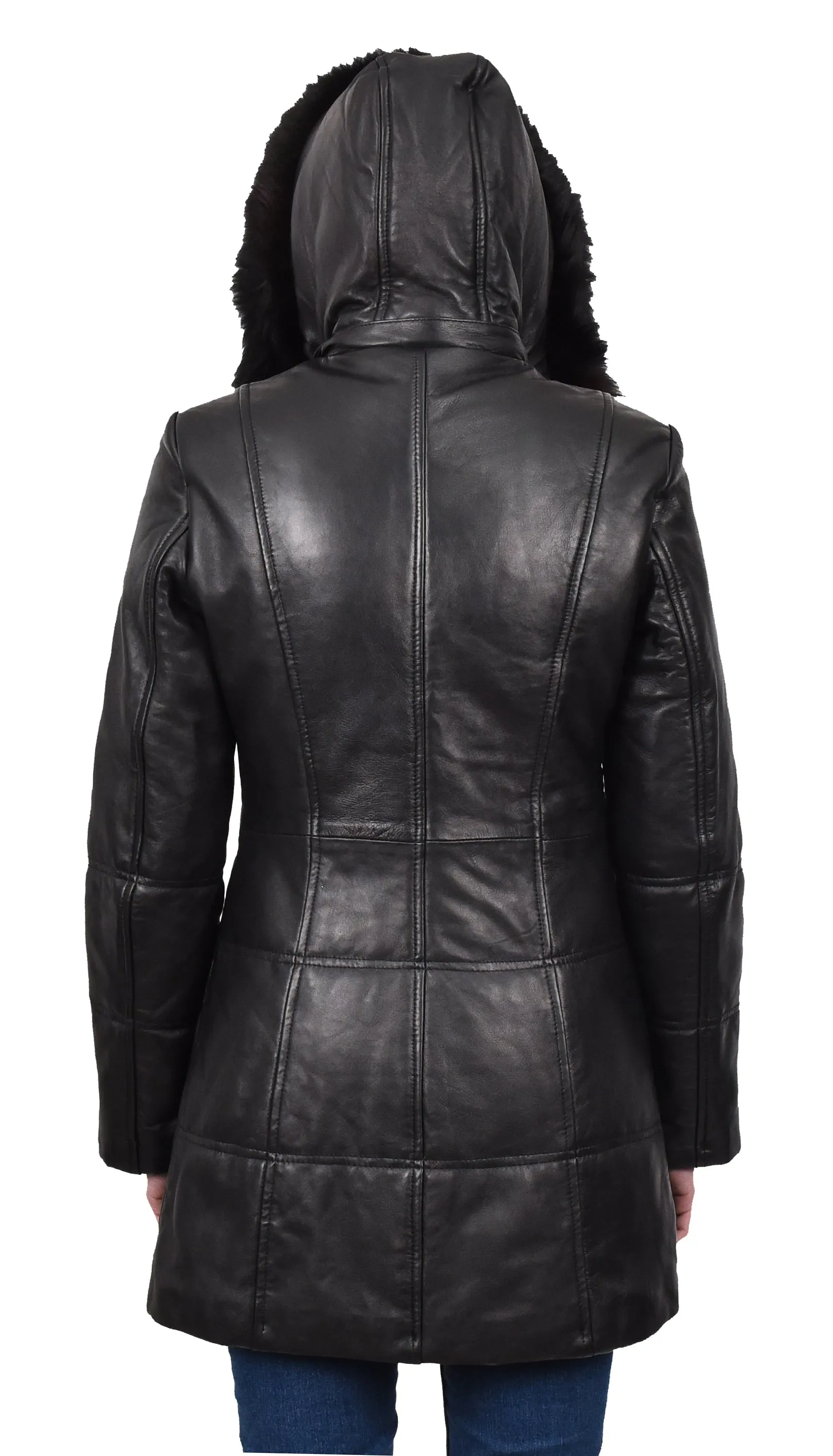 Women’s Real Leather 3/4 Length Puffer Coat Black Zeniva