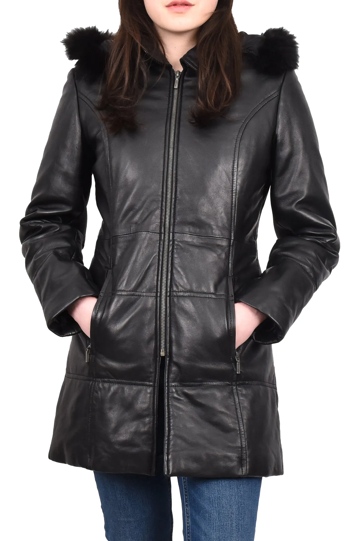 Women’s Real Leather 3/4 Length Puffer Coat Black Zeniva