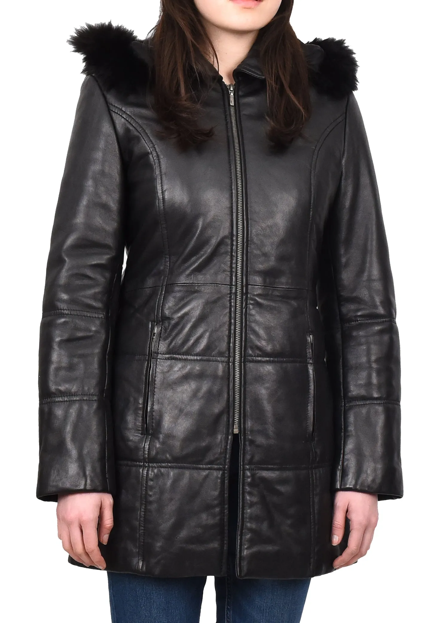 Women’s Real Leather 3/4 Length Puffer Coat Black Zeniva