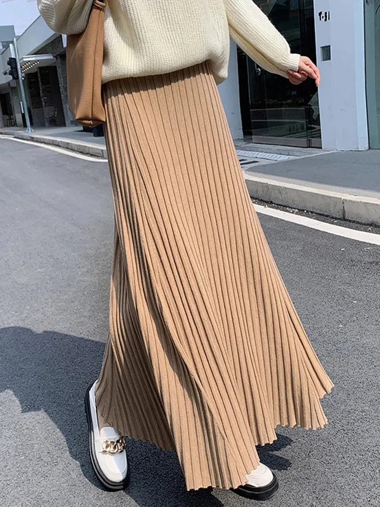 Yeknu  Women Long Skirts Elegant Fashion Maxi Skirt Ladies Autumn Winter Knitted Skirt Female Casual Loose High Waist Pleated Skirts