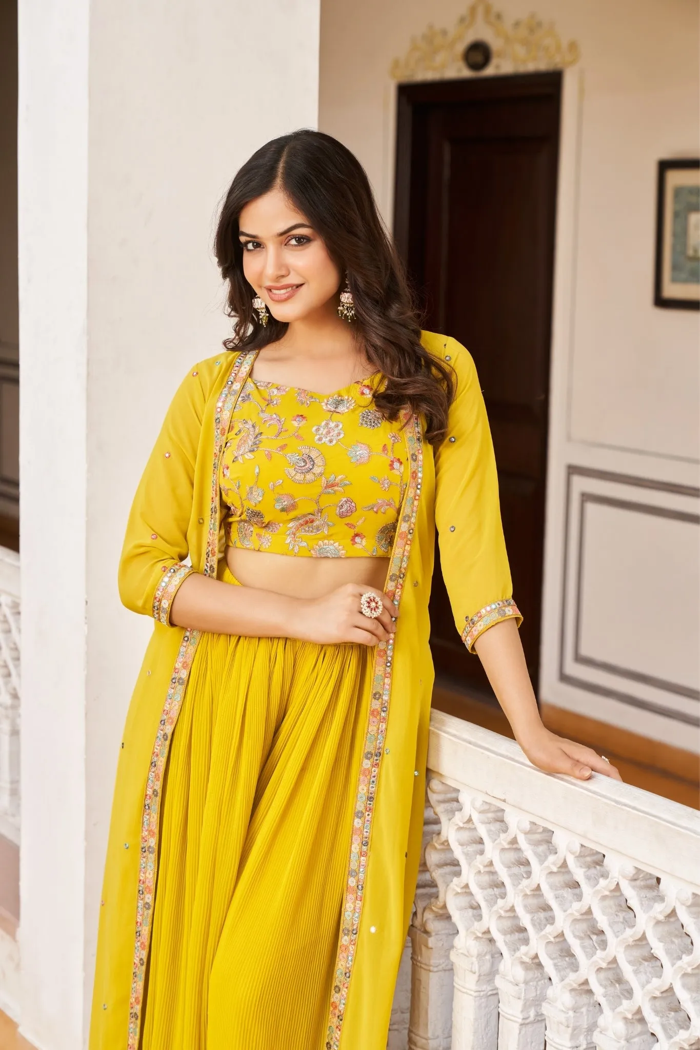 Yellow Embroidered Georgette Crop Top And Palazzo Set