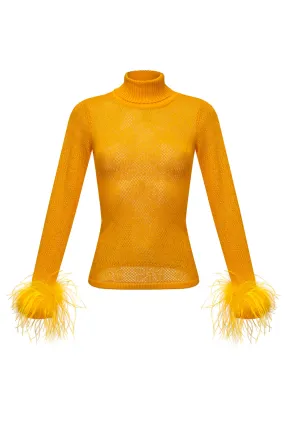 Yellow knit turtleneck with handmade knit details