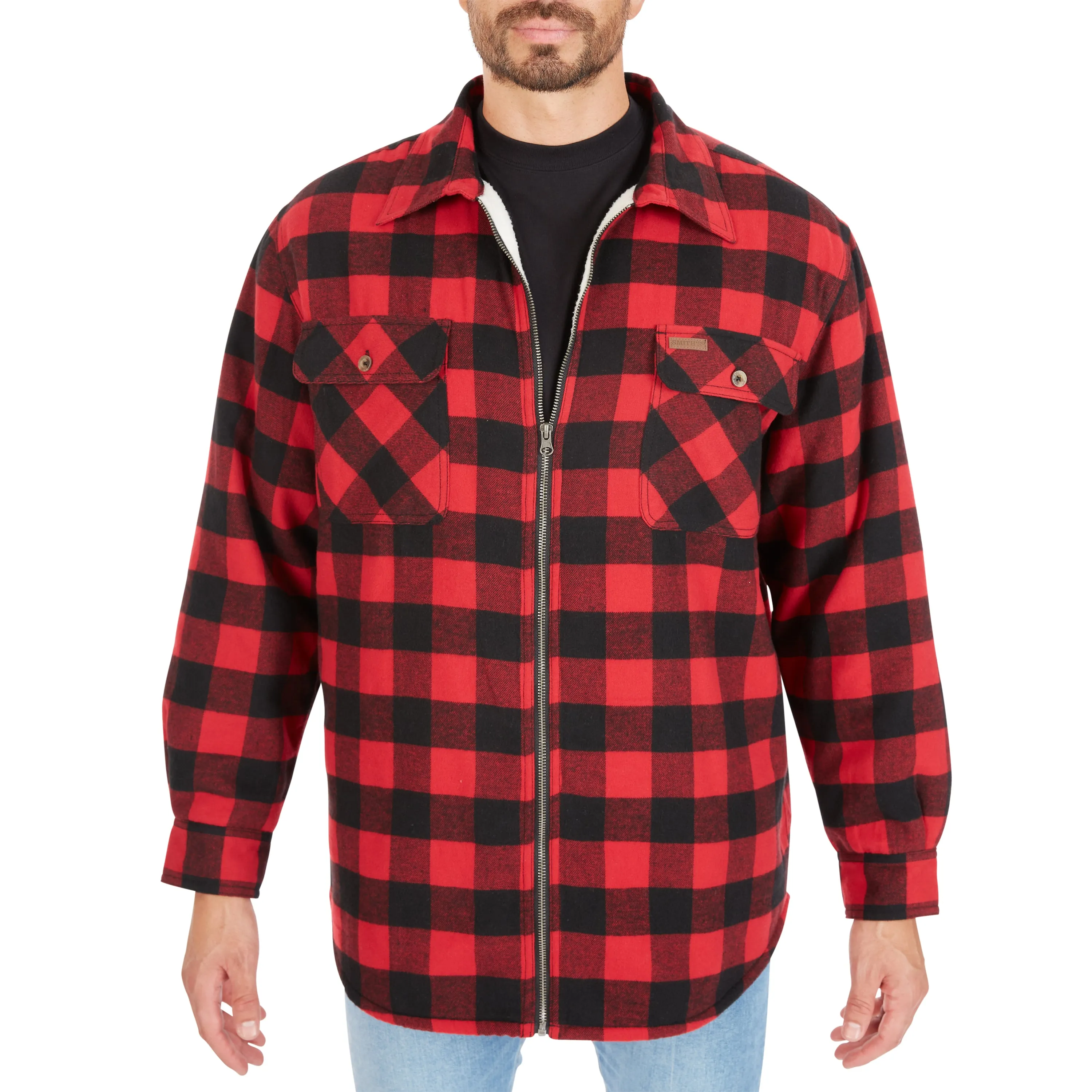 ZIP-FRONT SHERPA-LINED FLANNEL SHIRT JACKET