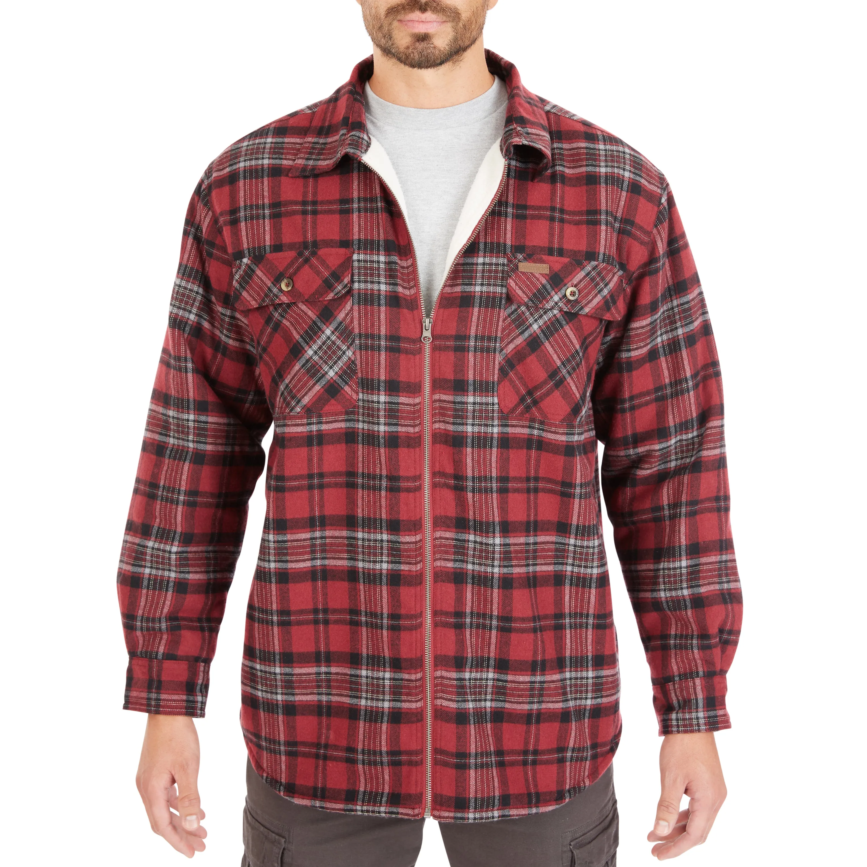 ZIP-FRONT SHERPA-LINED FLANNEL SHIRT JACKET