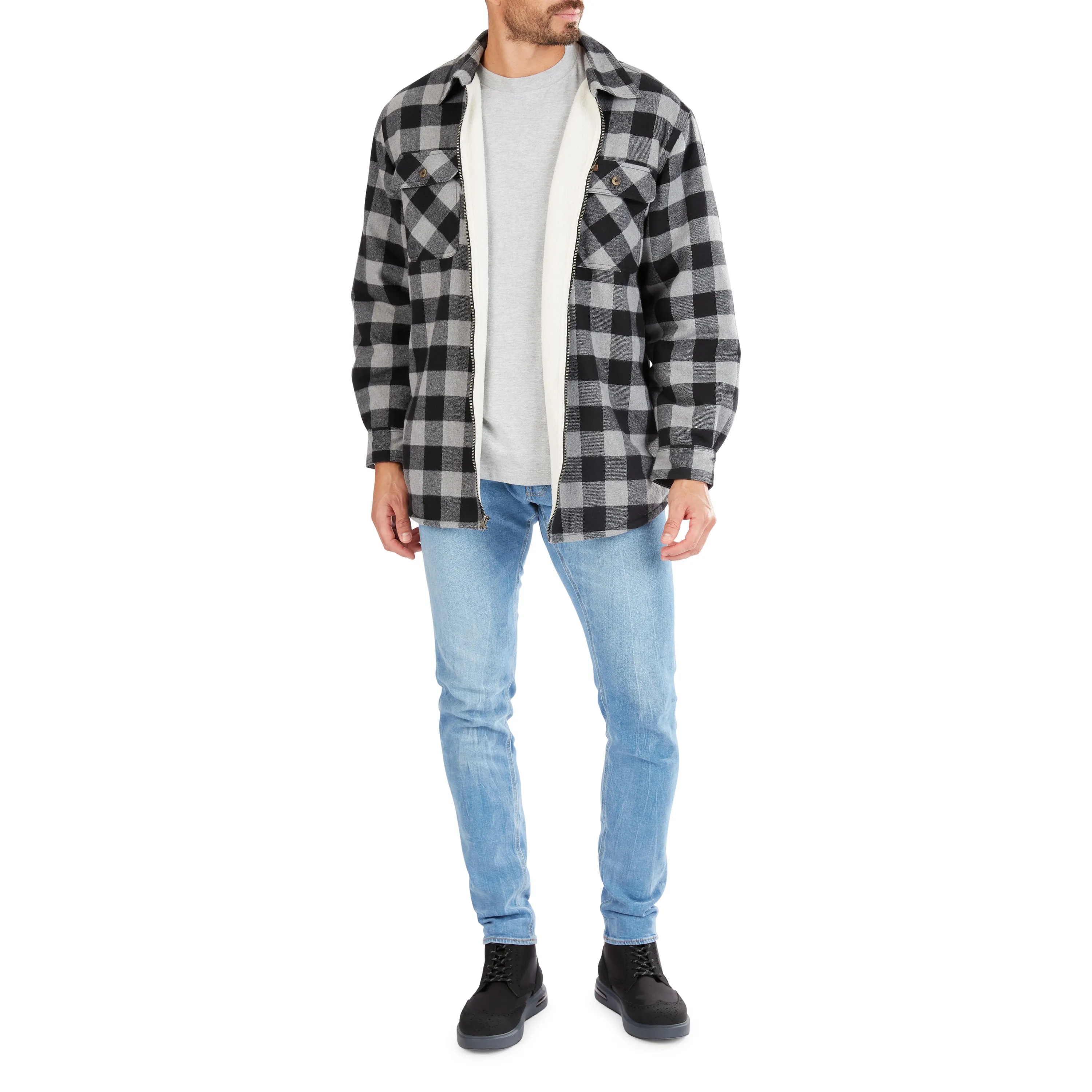 ZIP-FRONT SHERPA-LINED FLANNEL SHIRT JACKET