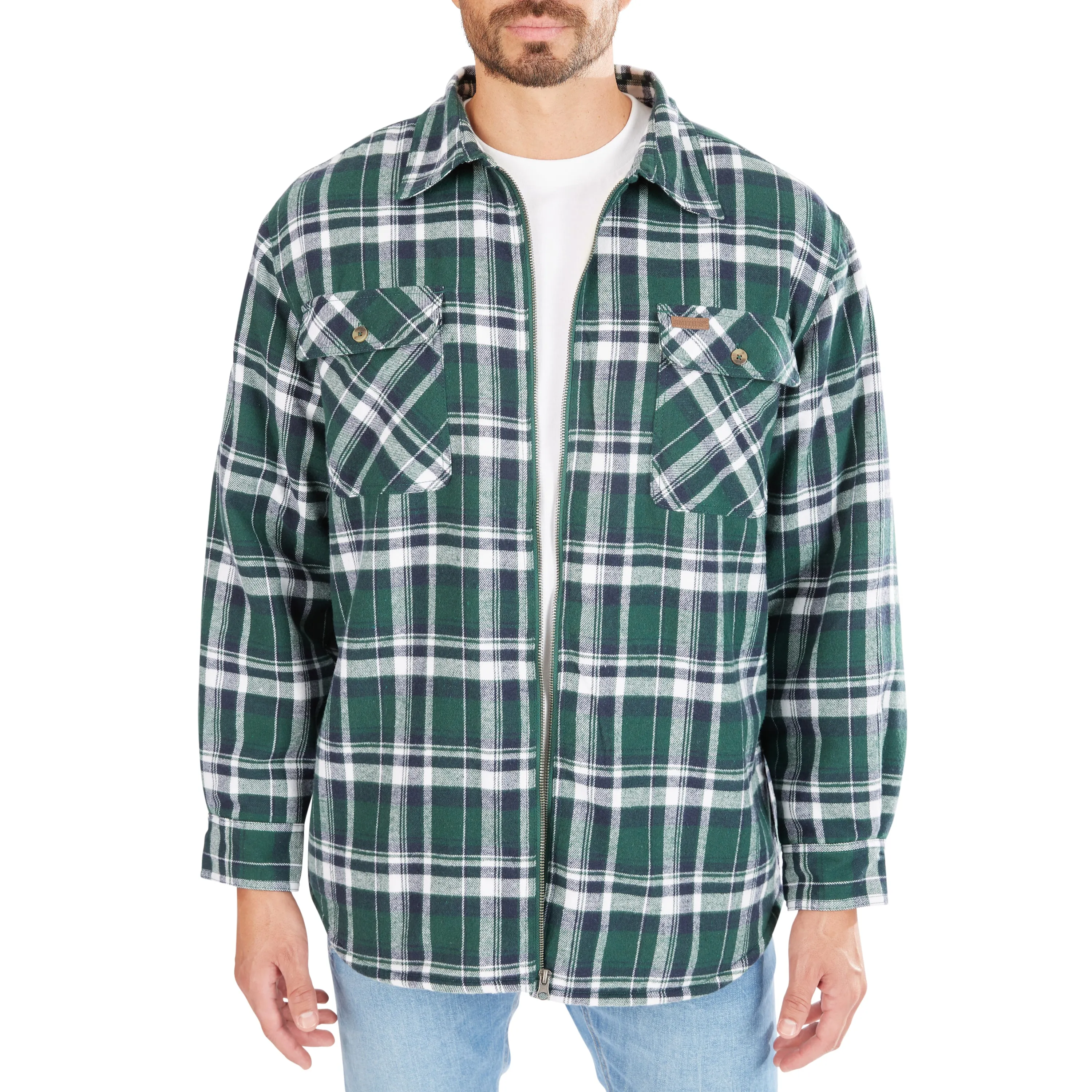 ZIP-FRONT SHERPA-LINED FLANNEL SHIRT JACKET