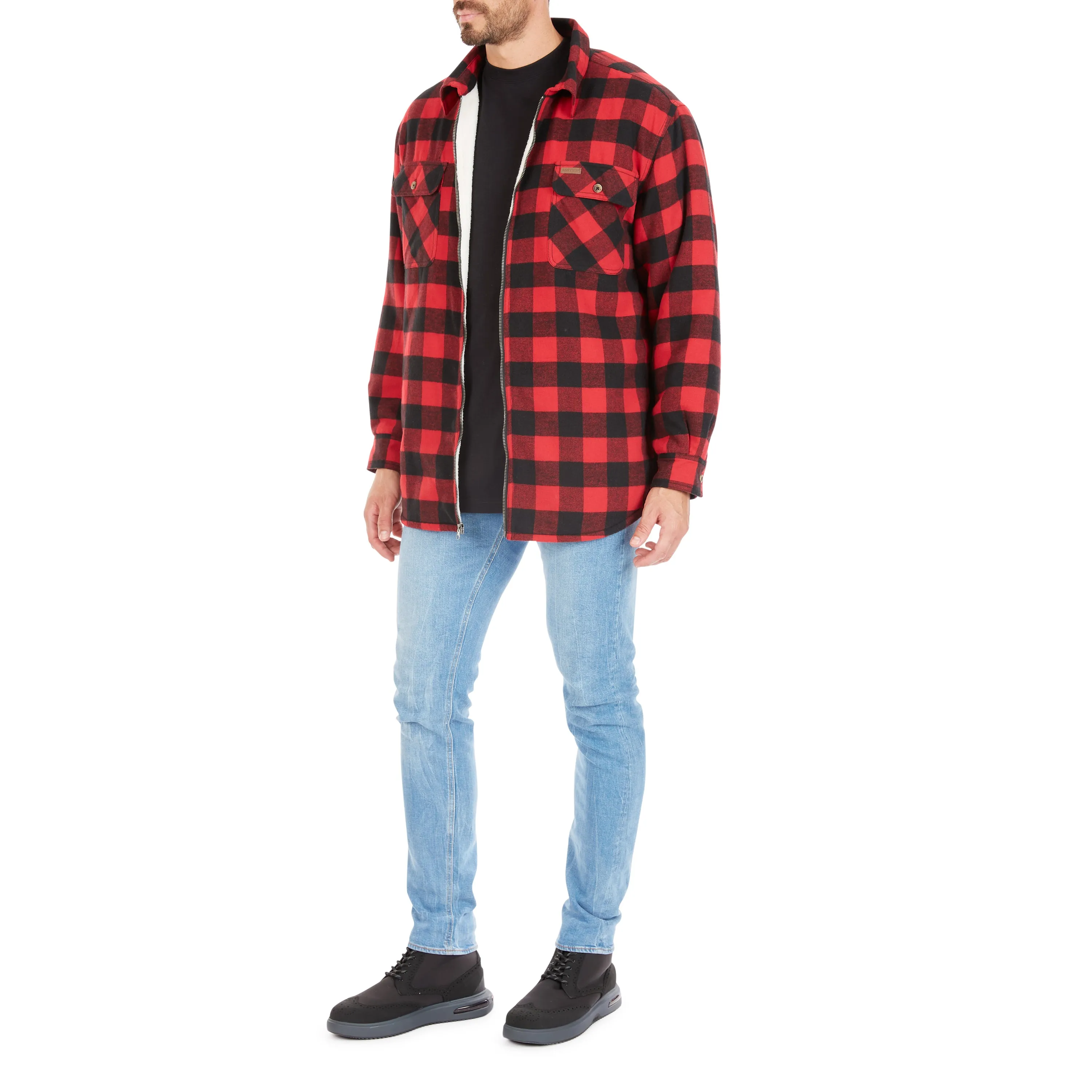 ZIP-FRONT SHERPA-LINED FLANNEL SHIRT JACKET